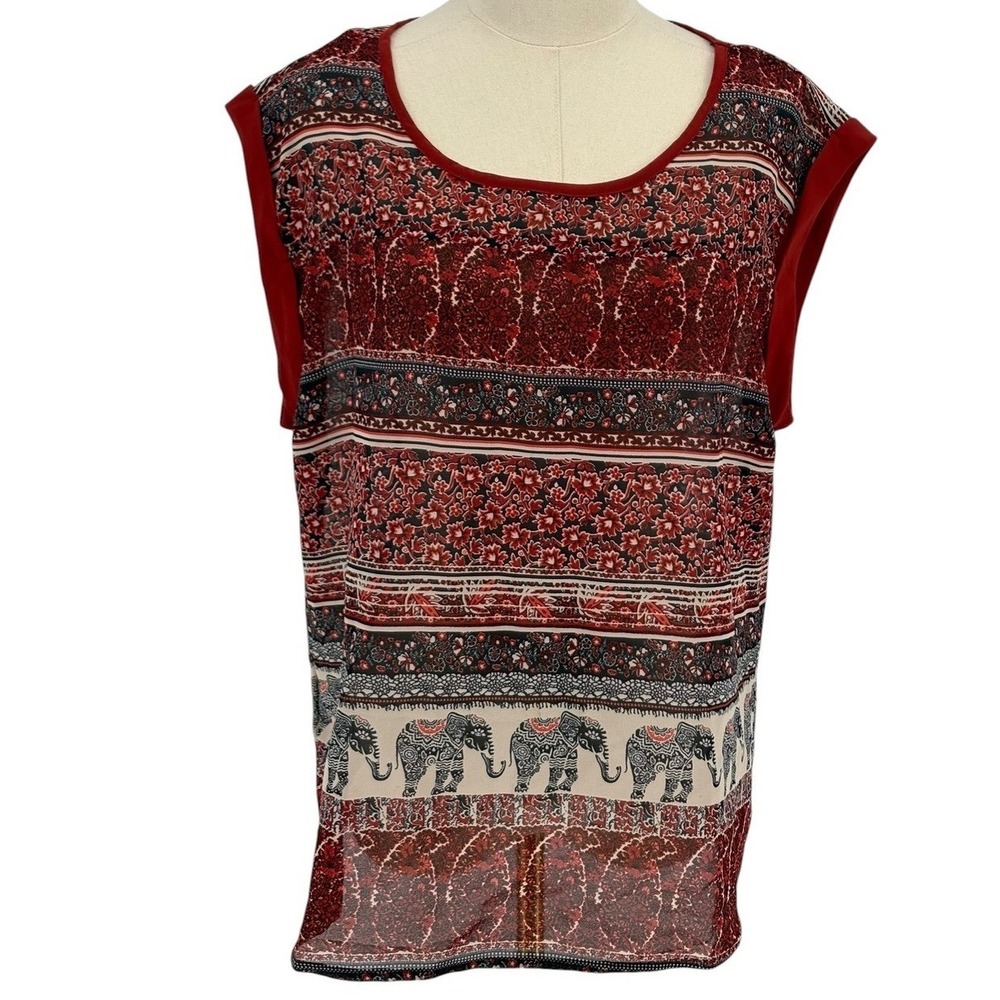 Truly 4 You‎ Elephant Print Blouse Red Boho Sheer Sleeveless Top XL